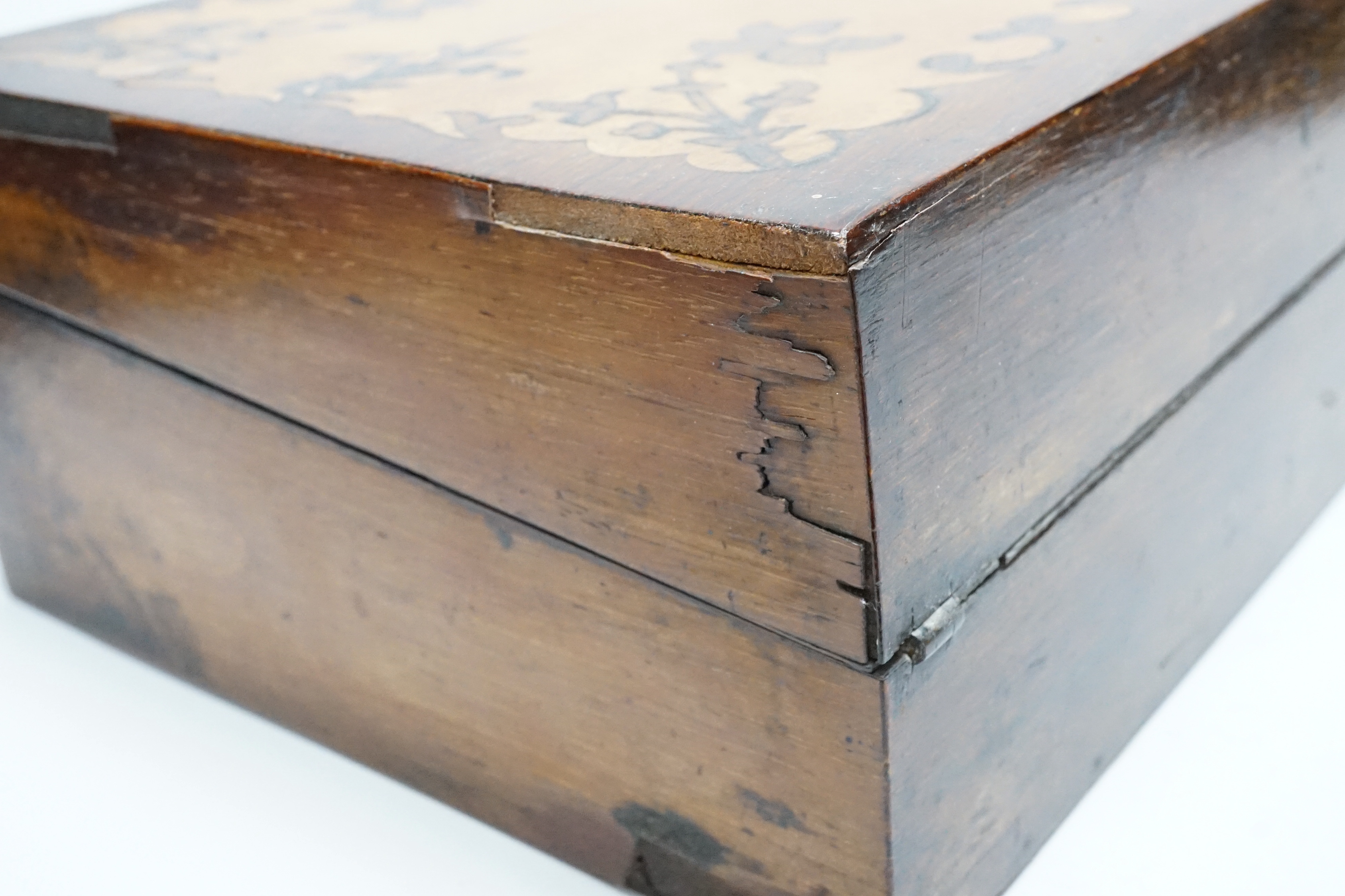 A Victorian maple and rosewood inlaid writing box, and matching workbox, 40cm wide